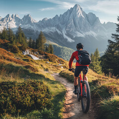Fototapeta premium Mountainbiker mit atemberaubender Bergkulisse