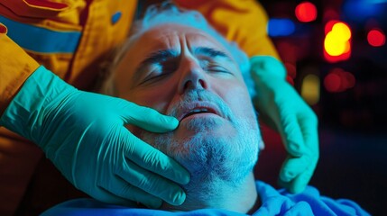 Fototapeta premium Emergency Medical Ambulance Survival concept. Medical personnel tending to an injured man in a vibrant emergency setting.