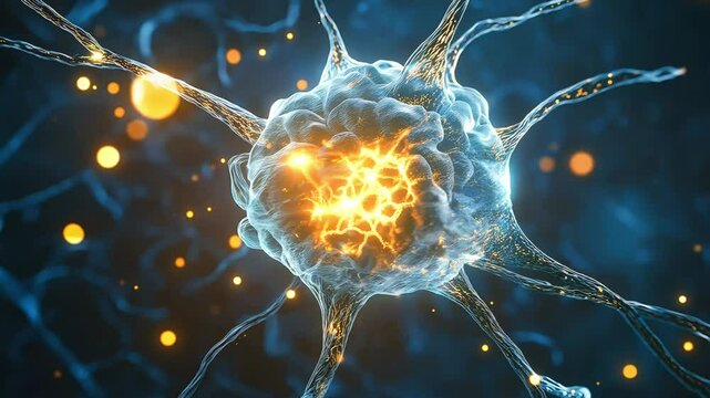 Neurons cells concept. Microscope view of nervous system. Close up of human brain showing neurons firing and neural extensions	