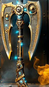 A steampunk-inspired double sided battle axe adorned with gears and glowing elements.