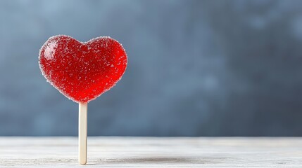 Fototapeta premium Bright Red Heart-Shaped Lollipop on a Wooden Surface with Blue Background