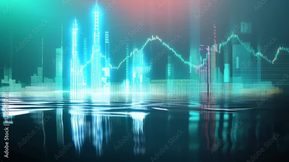 Poster glowing digital skyline reflecting on water with superimposed stock market graph showing investment 