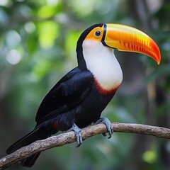 Fototapeta premium Vibrant toucan perched on a branch in lush green foliage.