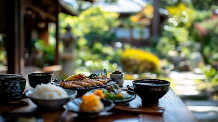 Fototapeta premium Delicious Japanese breakfast served outdoors in a serene garden setting.
