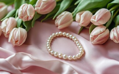 A romantic setting with a pearl necklace, a silk ribbon-wrapped present, and a bouquet of tulips on a soft pastel background for Valentines Day and Womens Day