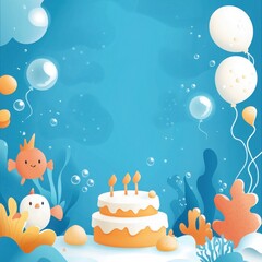 Underwater birthday party with marine animals coral cake colorful ocean setting joyful celebration whimsical viewpoint for kids