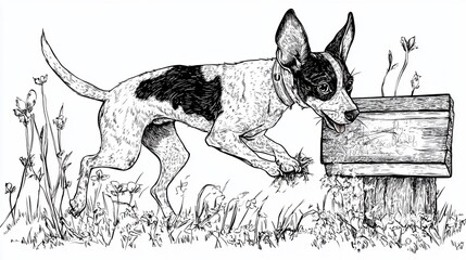 Curious dog sniffing a wooden box in a field.
