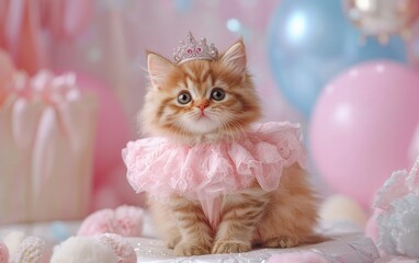 A fluffy kitten in a pink dress and a tiara, sitting on a princess-themed pastel backdrop