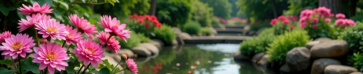 Fototapeta premium Pink chrysanthemums in a botanical garden with water features, flowers, gardens