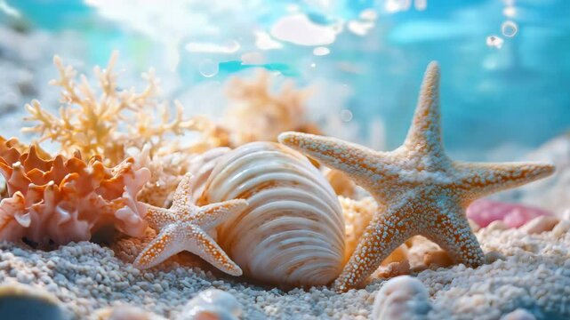 Starfishes with sea shell and coral, Summer sea background	
