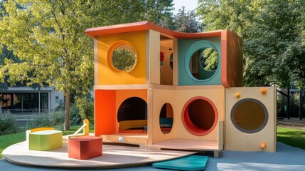 Modern playhouse design with a sleek and compact structure, featuring modular furniture and bright, airy spaces for imaginative play