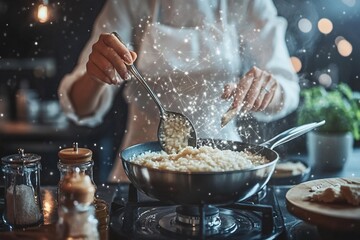 Chef preparing risotto, culinary magic, food preparation.