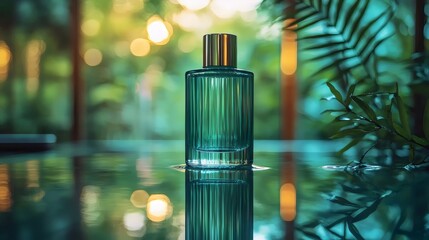 A bottle of perfume is sitting on a table with a green background