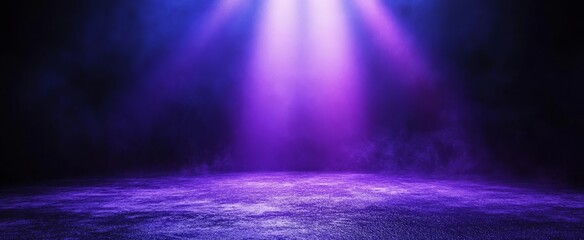 Purple and blue spotlight illuminating smoky dark floor.