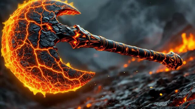 A fiery, lava-themed double sided axe with a cracked surface, set against a dark, rocky background.