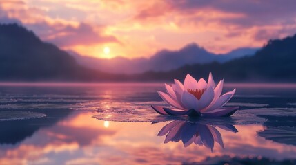 Serene Water Lily at Sunset Surrounded by Calm Reflections