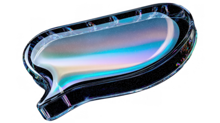 A colorful glass speech bubble object with iridescent and reflective surfaces on a black background, showcasing modern design and creativity.