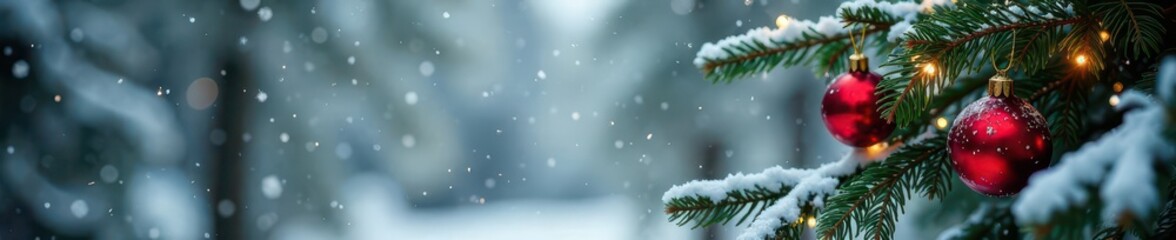 Snowy fir branch adorned with red glass ornaments and sparkling decorations, forest, Christmas