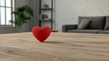 Red Heart Decoration on Wooden Table in Modern Living Room with Soft Couch and Green Plant