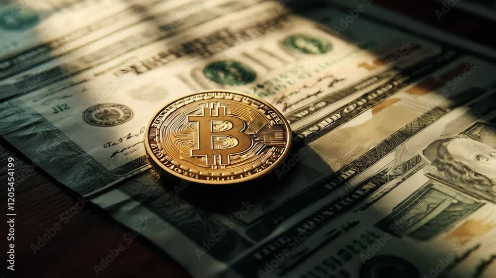 Poster gleaming golden bitcoin sits atop a spread of us dollar bills, representing the intersection of trad