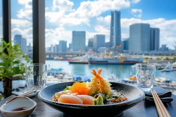 Delicious seafood meal with city skyline view.