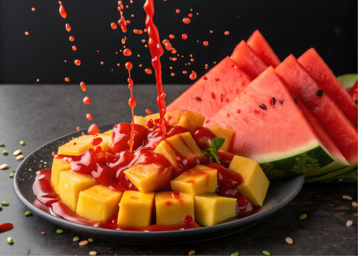 National chamoy day celebration featuring juicy mango and watermelon with dripping sauce close-up.