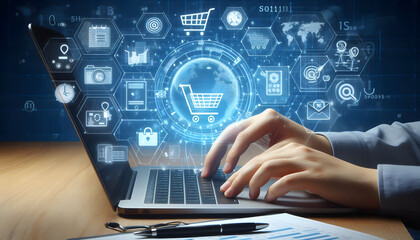 Laptop with Digital Marketing Symbols Floating