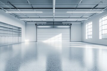 Fototapeta premium Empty modern garage with large roll-up door, shelving, and natural light.