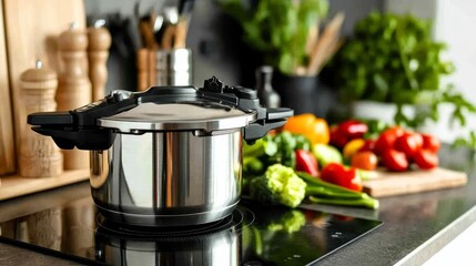 Sleek stainless steel pressure cooker on stovetop surrounded by fresh vegetables in modern kitchen