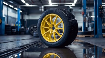 Fototapeta premium Black tire with a bright yellow rim resting on a wet floor, surrounded by industrial lighting and reflections in an automotive workshop