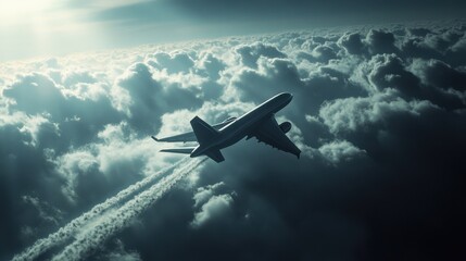Airplane Flying Above Clouds in Dramatic Sky with Sunlight Rays