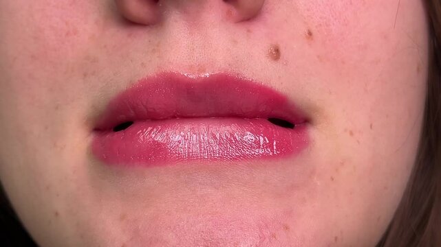 Closeup of woman pressing lips together pink lipstick pink lip gloss on young lips of girl with dark brown hair cosmetics close-up angle kiss