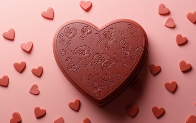 A romantic heart-shaped chocolate box with floral engravings, surrounded by tiny hearts on a coral pink background for valentines day and womens day
