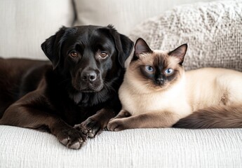 Obraz premium Black lab dog and Siamese cat cuddling on a couch.