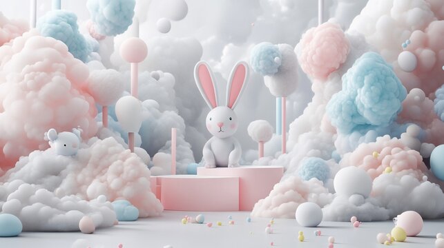 Cute cartoon bunny in pastel candy floss wonderland.