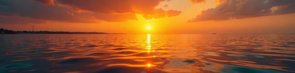 Fototapeta premium Golden light casts a warm glow on the water's surface as the sun dips below the horizon, sunset, aigues mortes, golden hour