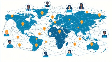 A global business structure visualization with dynamic data flowing between continents, focusing on HR recruitment, customer connections, and strategy