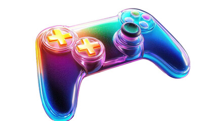 This image features a colorful, glowing game controller with a glass-like appearance, showcasing a vibrant and modern design.