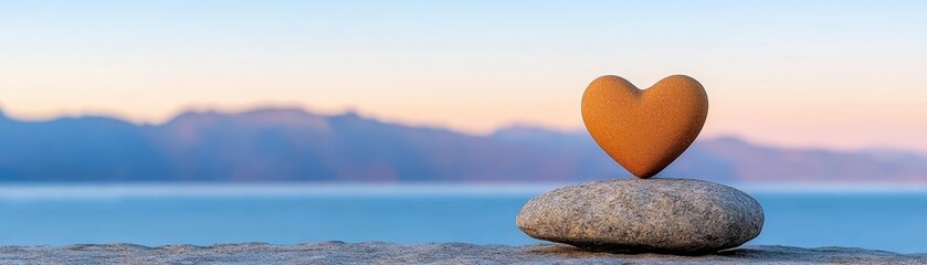 Obraz premium Heart Stone Balanced on Gray Pebble by Tranquil Seaside at Sunset with Gentle Waves in Background