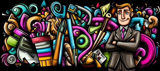 Cartoon businessman amidst colorful art supplies.