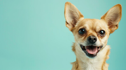Close-up studio portrait of a happy chihuahua dog with blue background and open mouth