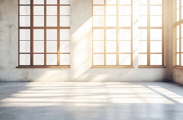 Sunlit empty room with large windows and concrete floor.