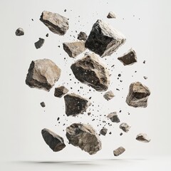 Exploding rocks levitating in mid-air against a white background.