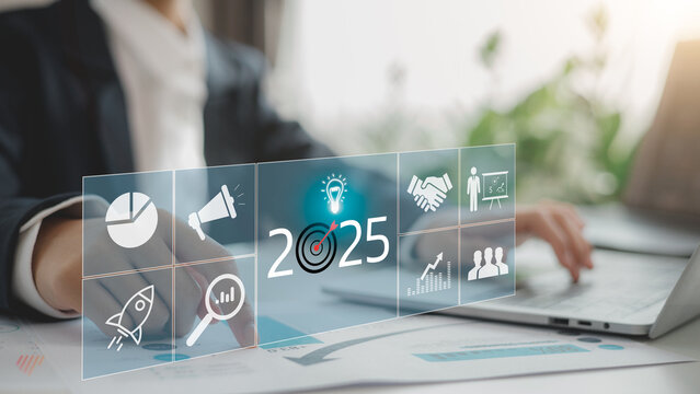 Businessman plans strategy marketing and finance for 2025, planning business growth with technology, AI, and environmental care to New Year resolutions business. digital transformation 2025
