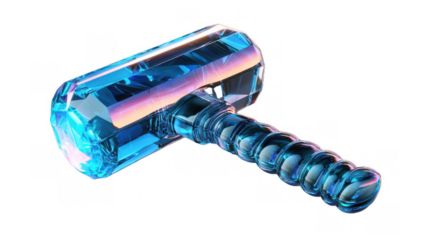 A vibrant 3D render of a blue, glowing crystal hammer. The hammer features a spiraled handle with an iridescent shine, highlighting its modern and futuristic design.