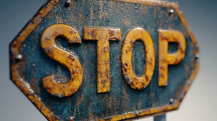 Rusty octagonal stop sign, weathered, old.