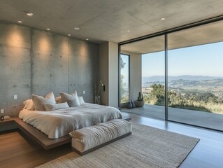 Modern minimalist bedroom with concrete wall, large window, and stunning mountain view.