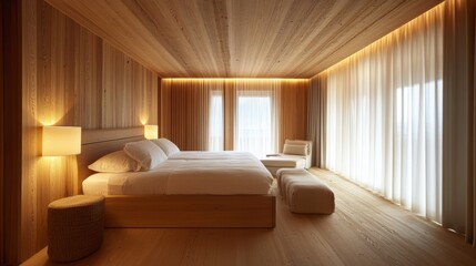 Natural materials in wooden bedroom, using eco-friendly wood and natural fibers to promote a sustainable, peaceful ambiance