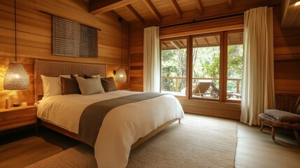 Fototapeta premium Natural wood bedroom decor, highlighting warm wood tones and organic materials for a tranquil and inviting space