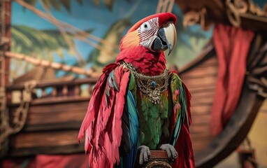A stylish parrot in a red cape and a jeweled collar, perched on a pirate ship-themed backdrop